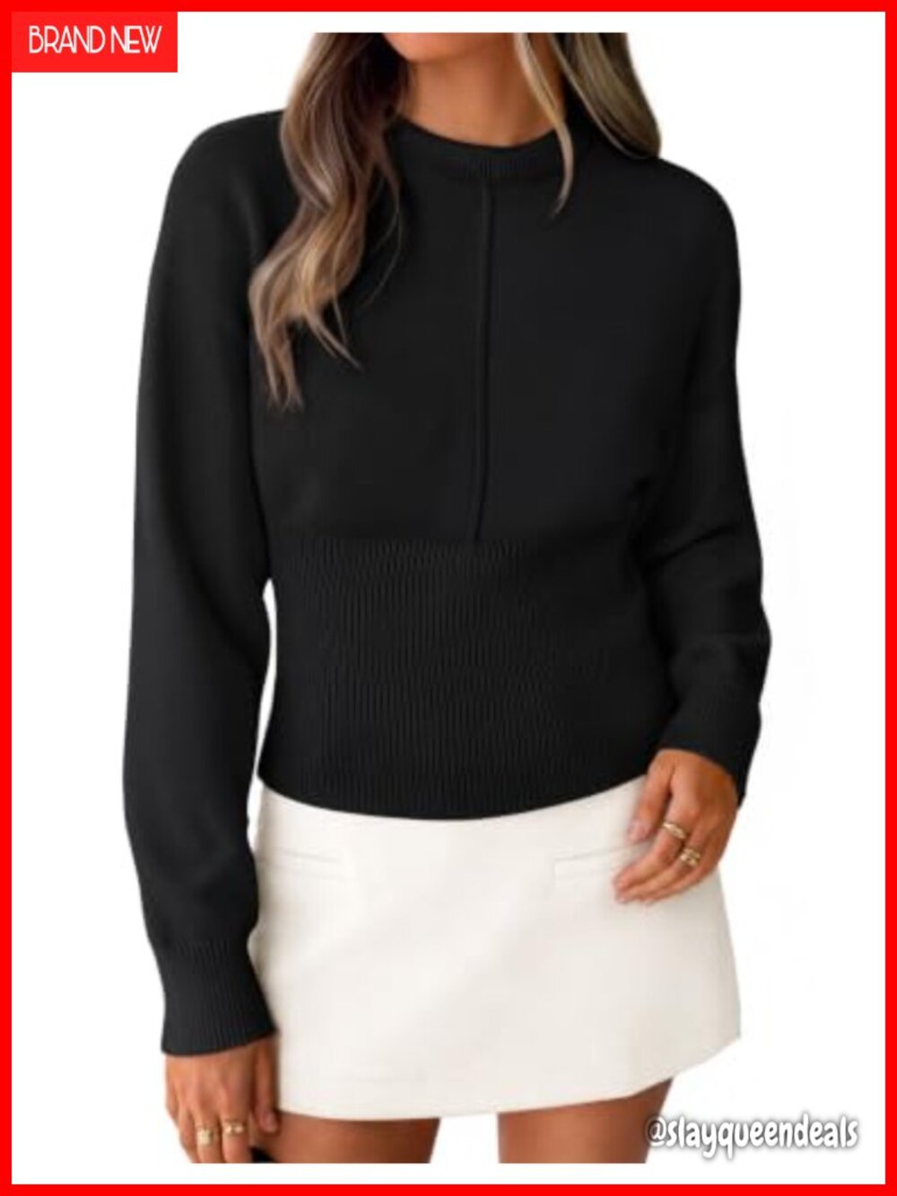 Ribbed Knit Cinched Waist Crewneck Pullover Sweater